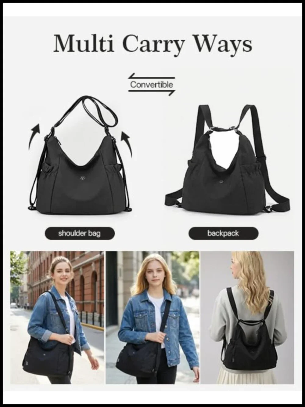 Convertible Nylon Tote Backpack Crossbody Bag Hobo Purse Work Travel
